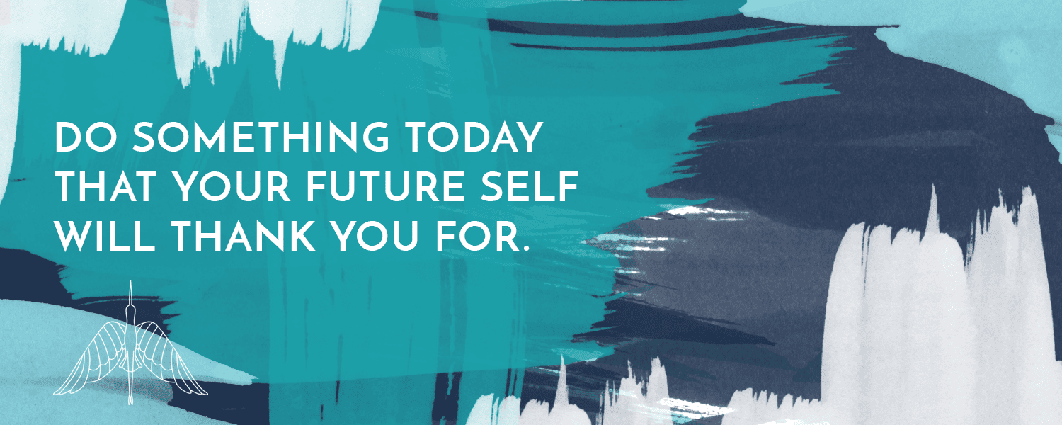 BALANCED Mind • Body • Life A motivational digital banner saying 'Do something today that your future self will thank you for,' with a stylized hummingbird and a blue and white paintbrush background, reflecting the empowering ethos of Balanced: Mind Body Life.