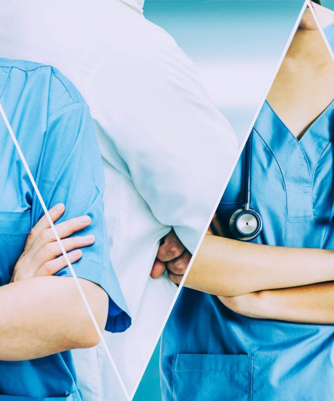 Diagonally split image featuring two health professionals in scrubs, one with a stethoscope, symbolizing the dedicated care from our allied health team in Hobart.